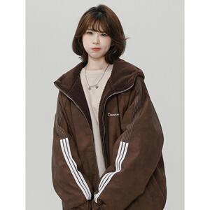 粉色美式连帽羊羔毛外套男加绒加厚棉服中性风三杠棉衣 M02/P118图片