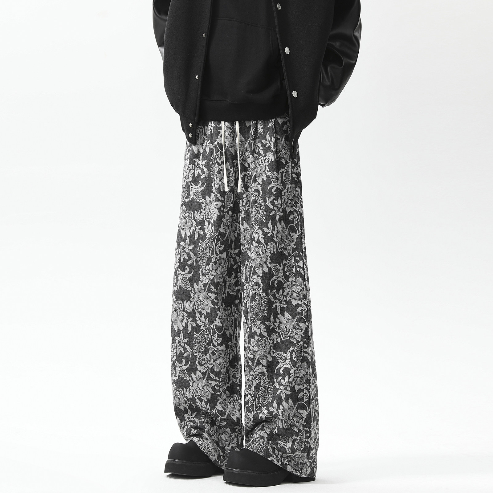 新中式复古垂感男宽松慵懒阔腿裤子小众设计提花休闲裤 D506/P55图片