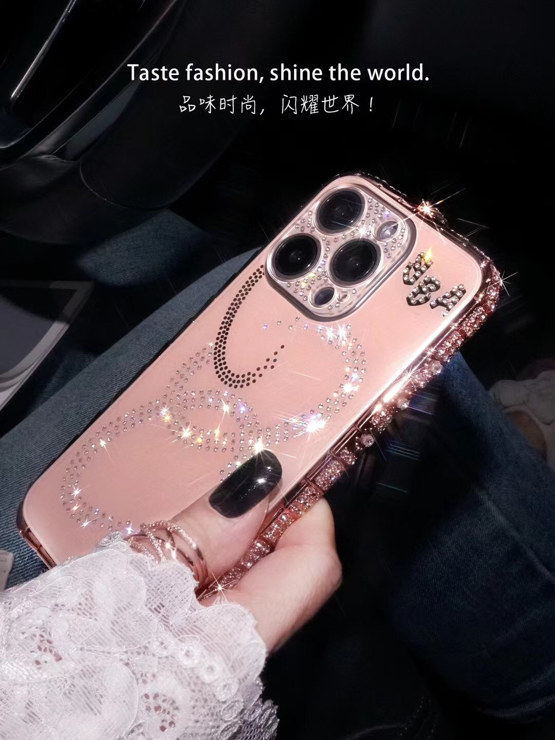 高级感水钻15promax奢华镶钻手机壳iPhone15pro带钻金属边框14闪钻背板保护套13/12轻奢女款网红新款