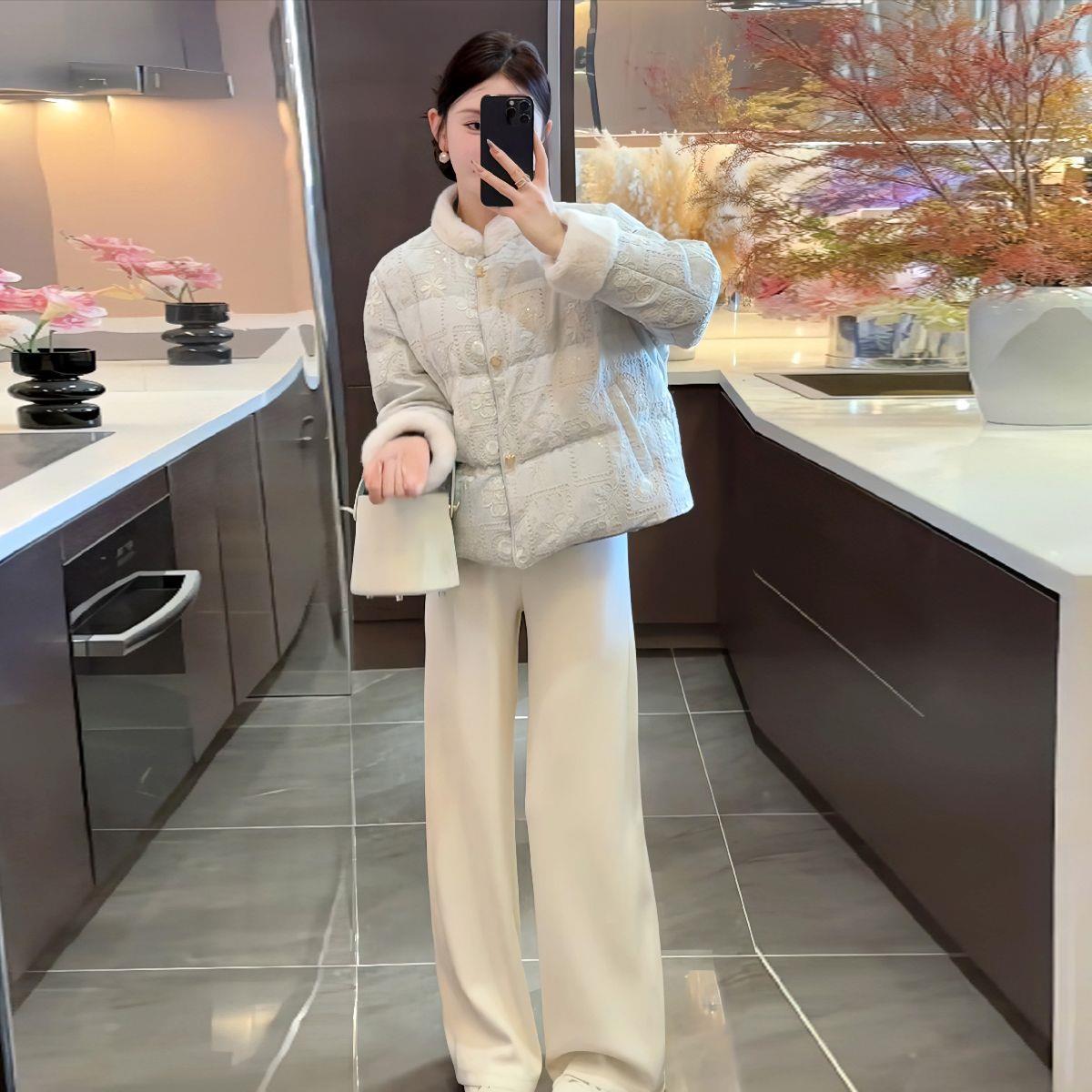 新中式国风刺绣提花蓝色棉服女2025冬季新款宽松加厚保暖短款外套