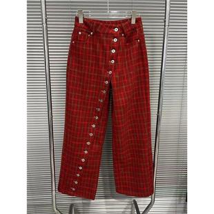 饰长裤 纽扣装 女高腰宽松直筒休闲裤 DF25年复古通勤红色格子阔腿裤