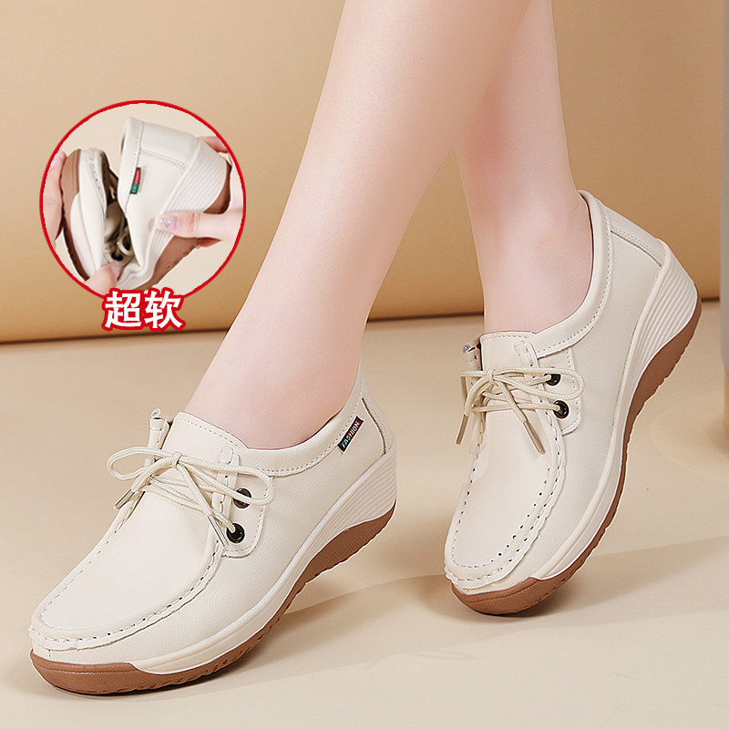 超软牛筋底厚底乐福鞋女2026新款真皮休闲鞋软底防滑中老年妈妈鞋