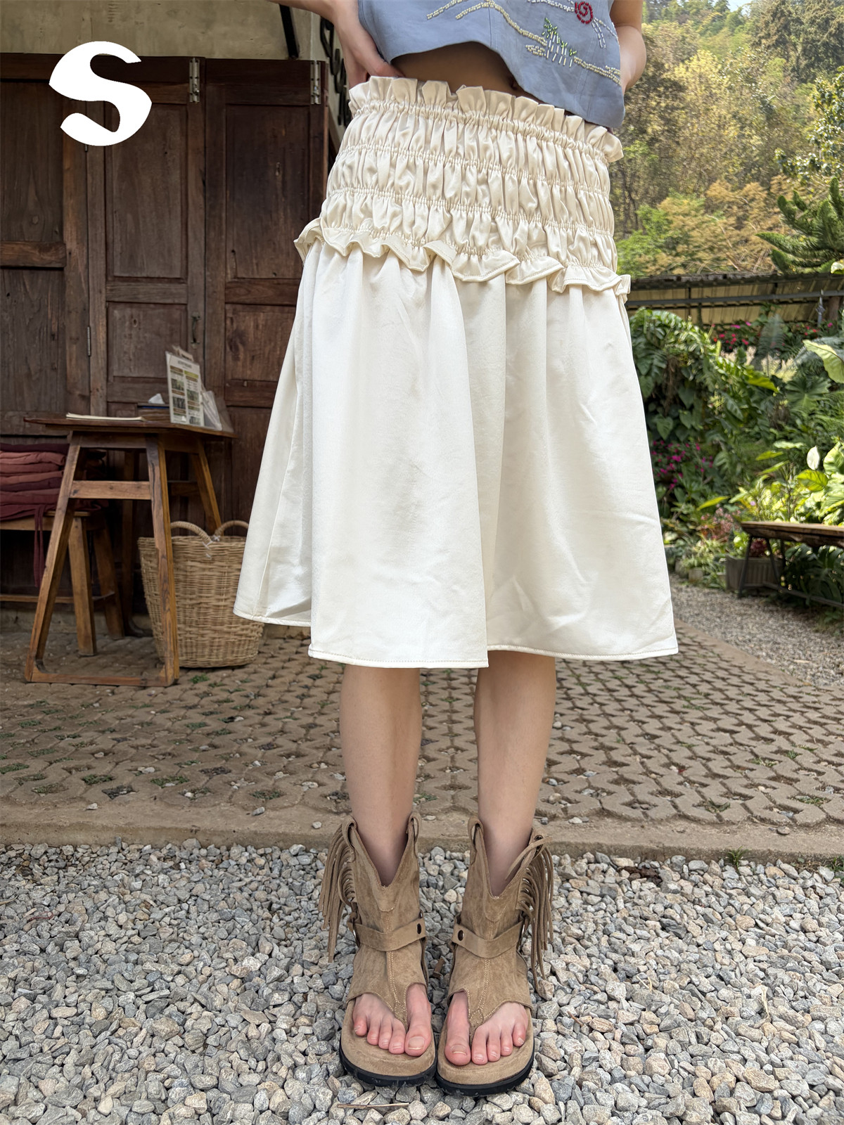 thumbnail for Sleep at 11 Korean Style ins Outfit Satin Two-Way Tube Top Pleated Ruched Midi Skirt Women's Design