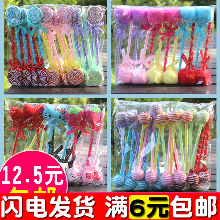 韩国创意文具礼品可爱棒棒糖圆珠笔毛绒卡通蝴蝶结笔学生奖品批發