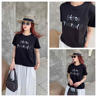 新款 衫 时尚 T恤欧洲站休闲圆领百搭半袖 宽松女上衣 字母短袖 女装