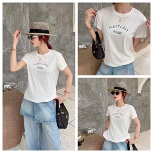 新款 衫 时尚 T恤欧洲站休闲百搭圆领女上衣半袖 字母绣花短袖 女装