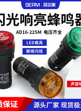 AD16-22SM闪光蜂鸣器220V24V12V交直流响亮断续带灯LED声光报警器
