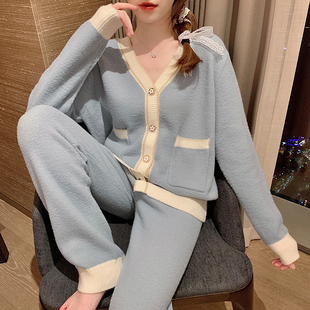 日本网红风软绵绵珊瑚绒睡衣女秋冬季 两件套 可外穿保暖家居服套装