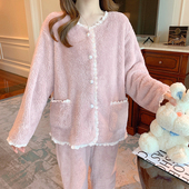 家居服套装 日本睡衣女秋冬季 珊瑚绒加绒加厚可爱甜美花边网红爆款