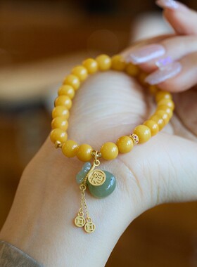 天然鸡油黄蜜蜡佛珠手串女琥珀和田玉单圈手链女生配饰复古中国风