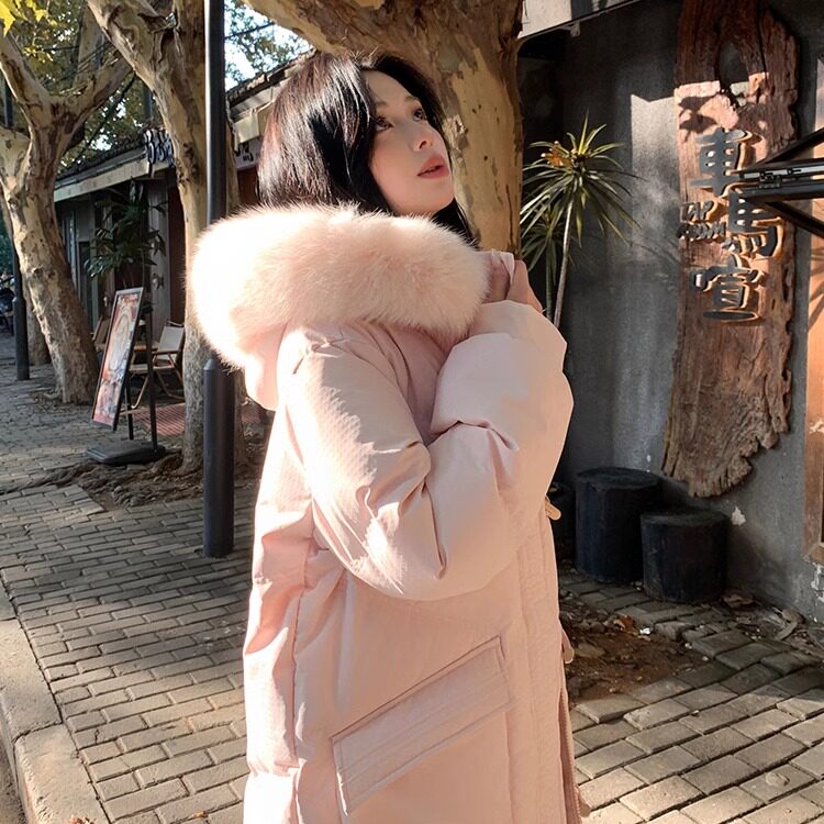 羽绒服女新款粉色长款狐狸大毛羽绒服小个子加厚保暖宽松冬季外套