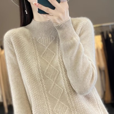 25秋冬新款毛针织衫女扭花半高领高级感宽松气质内搭打底毛衣加厚
