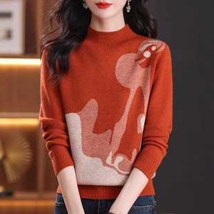 鄂尔多斯市2025秋冬新款 半高领提花毛衣女洋气减龄宽松内搭毛线衣