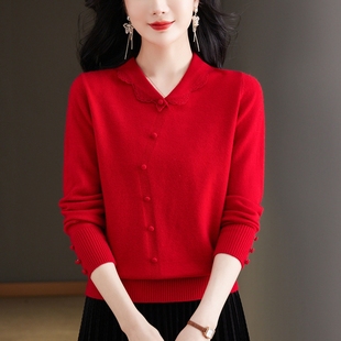 上衣服2026新款 马年本命年红色女装 洋气毛衣 打底衫 中年妈妈秋冬装