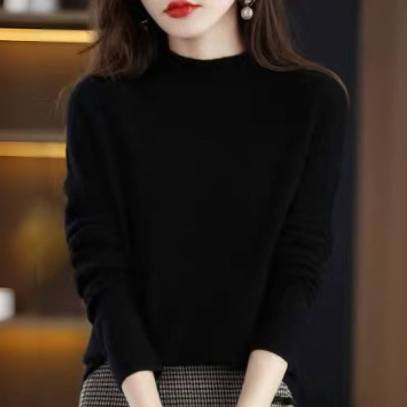 【可机洗】半高领羊毛衫女秋冬季加厚黑色毛衣修身内搭纯色打底衫
