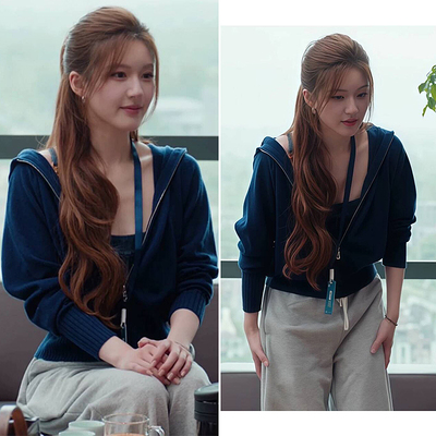 许我耀眼赵露思许妍同款蓝色拉链连帽毛衣外套女秋冬高级短款上衣