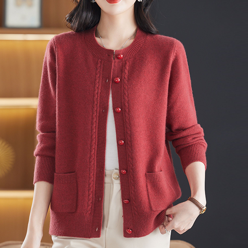 秋冬加厚洋气中年纯色羊绒衫毛衣女开衫大码妈妈针织衫外套女短款