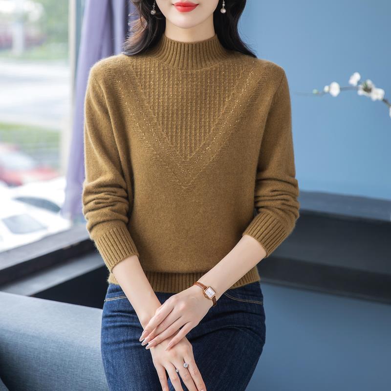 品牌纯羊毛衫羊绒毛衣女秋冬季加厚保暖妈妈宽松针织半高领打底衫