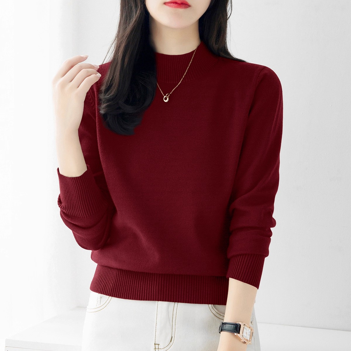 酒红色长袖针织衫女秋冬新款宽松气质厚款内搭打底上衣半高领毛衣