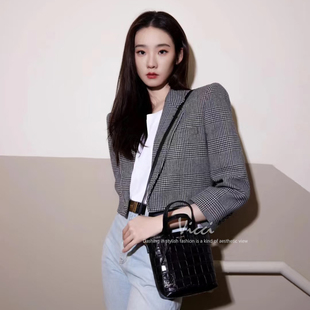 小个子休闲西服 外套高级感2025秋新款 名媛复古千鸟格短款 西装