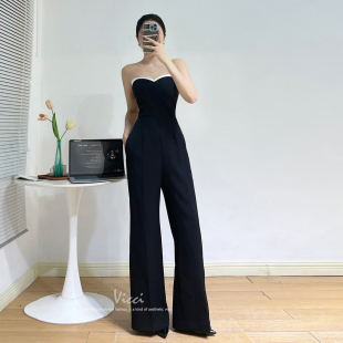 撞色一字肩抹胸连体裤气质女神范阔腿裤休闲连衣西装裤夏2025新款