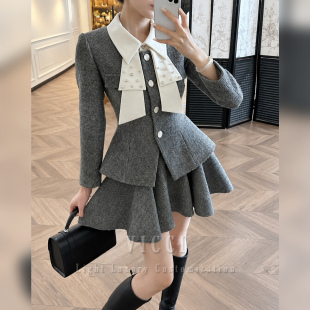 法式名媛风灰色羊毛呢两件套女蝴蝶结翻领收腰外套荷叶边半身短裙