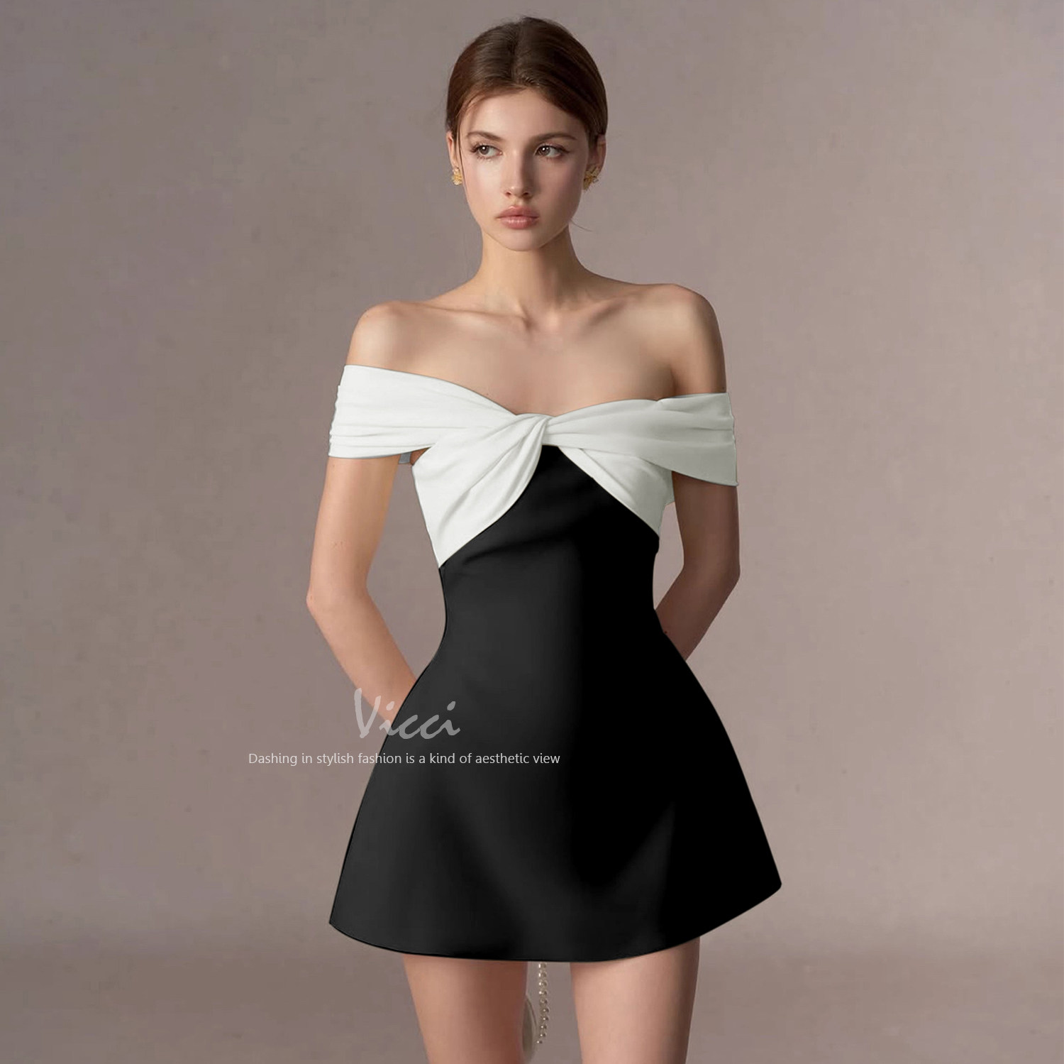 法式一字肩黑白撞色扭结连衣裙宴会生日party礼服裙千金抹胸裙女,女装/女士精品,连衣裙,淘宝优惠券,粉丝福利购,淘宝优惠卷