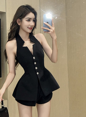 单排扣V领挂脖露肩上衣收腰显瘦无袖西装马甲背心性感辣妹套装夏