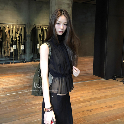 黑色大露背系腰网纱上衣设计感无袖背心套装裙性感辣妹风2025夏季