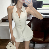 上衣蝴蝶结露背无袖 西装 马甲高腰短裤 挂脖露肩收腰修身 辣妹套装 夏