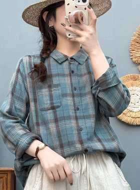 双层棉纱减龄衬衫2025春秋装长袖衬衣气质格子衬衫大码女上衣8617