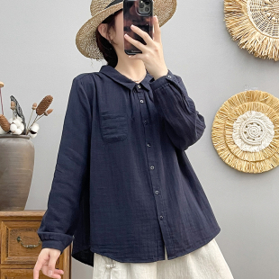 女装 双层棉纱2026减龄纯色长袖 气质开衫 春秋装 上衣百搭女8571 衬衫
