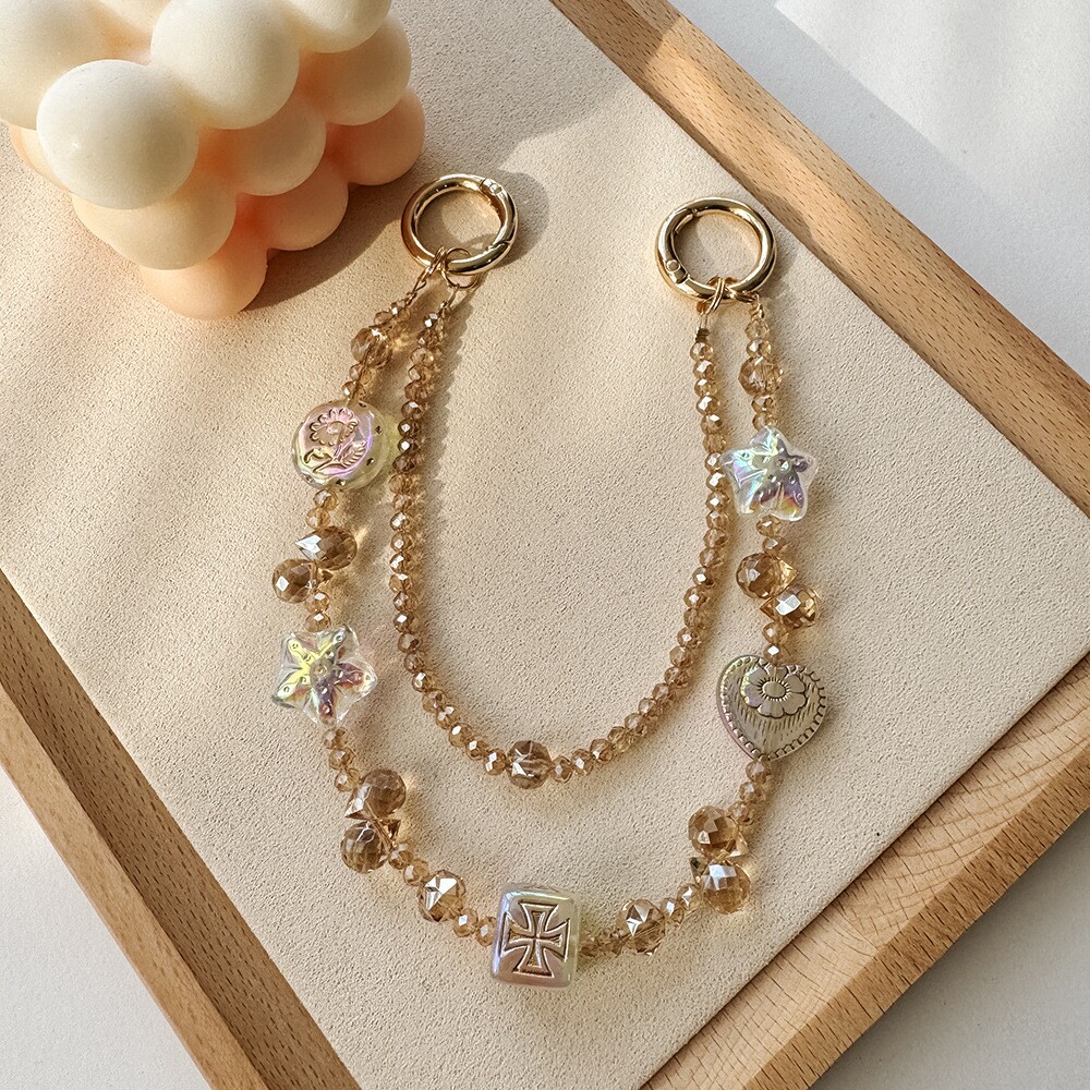轻奢风香槟色双层手机链diy手工串珠水晶链条汽车钥匙链包包挂件