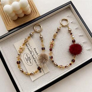 国潮醒狮合金手机链条新年中式轻奢水晶舞狮水貂毛钥匙扣包包挂件