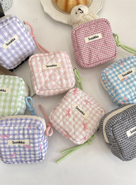 绗缝夹棉格子收纳卫生包零钱袋迷你化妆包钥匙杂物学生小包