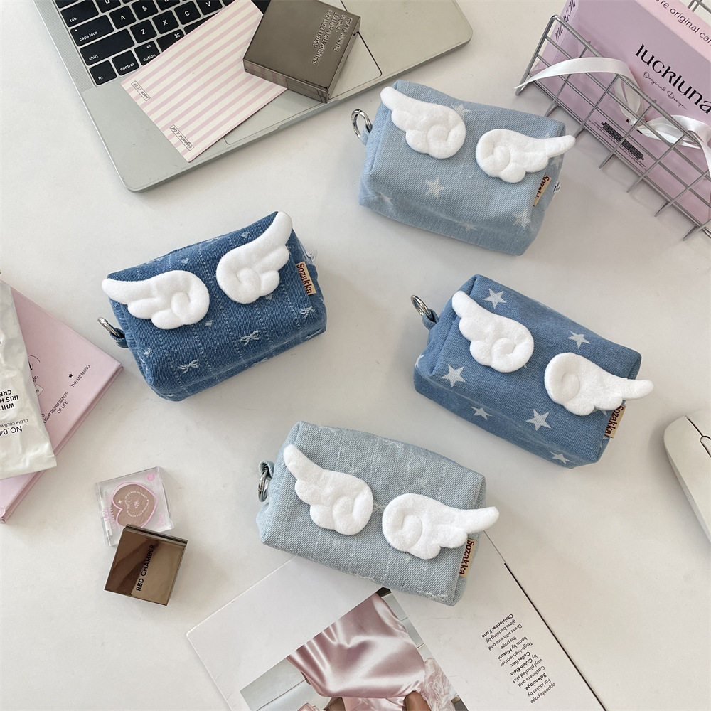 可爱天使翅膀星星牛仔色零钱收纳包学生化妆品便携手拿,收纳整理,吸尘器收纳架/盒/袋,淘宝优惠券,粉丝福利购,淘宝优惠卷