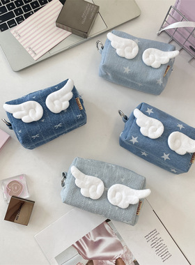 可爱天使翅膀星星牛仔色零钱收纳包学生化妆品便携手拿