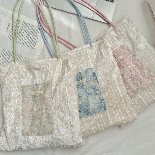 新款珠光小众设计帆布袋大容量通勤包少女蕾丝手提单肩包