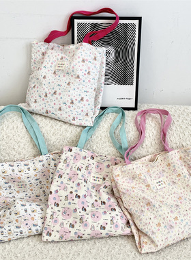 可爱印花小猫帆布包大容量双层上班通勤包学生女夏日手提包