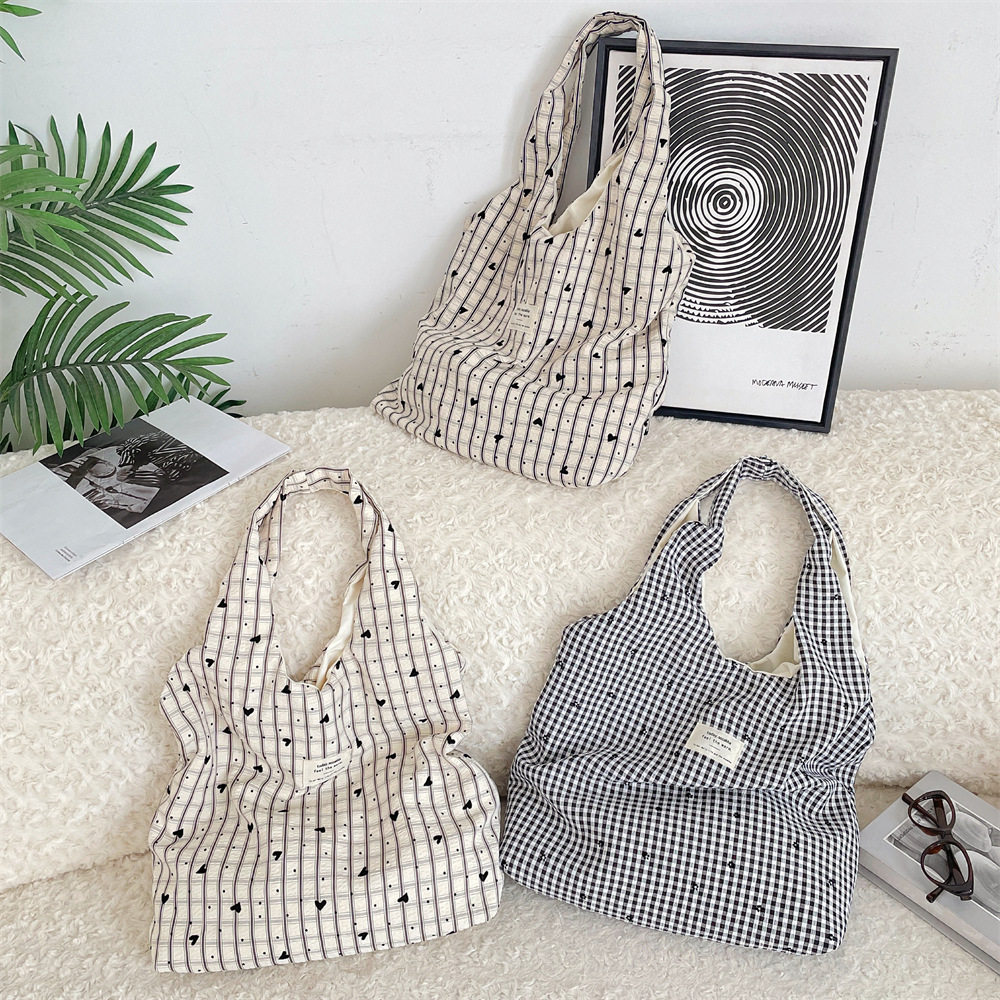 夏季ins新款慵懒甜美格子爱心单肩购物袋休闲通勤帆布背心
