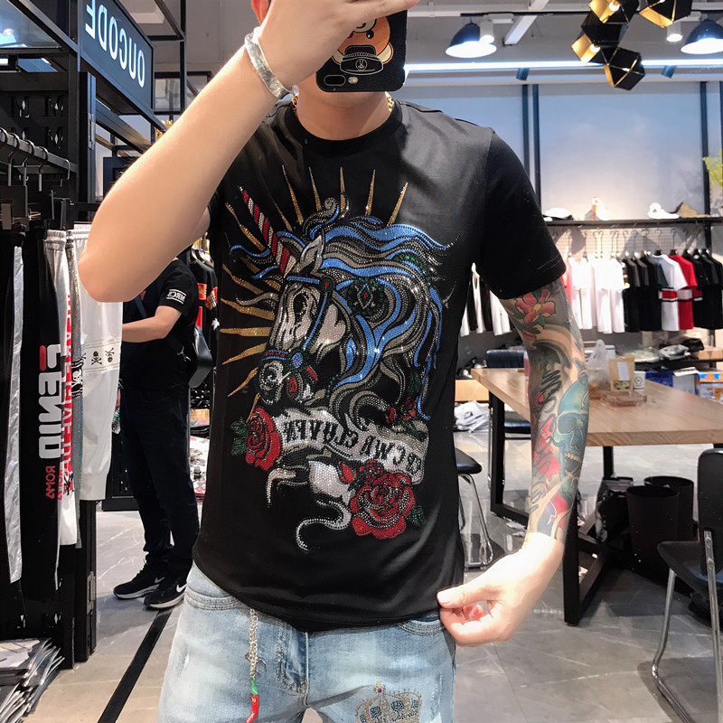 新款夏季男士歐美風重工藝獨角獸燙鑽印花短袖T恤韓版潮流修身體在類目 男裝, T恤中 - 來自Buy2taobao.com提供專業的淘寶代購服務