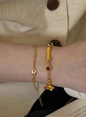 小红书爆款复古红宝圆筒手链女高级感贵气叠戴猪鼻子手链一件代发