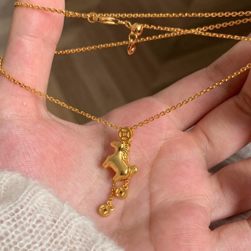 复古新中式小马铜钱流苏项链马上有钱花吊坠时尚小众个性百搭颈链