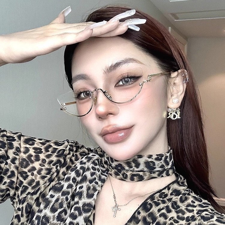 韩版金丝下半框金属眼镜女高智感ins无框防蓝光平光镜架可配度数