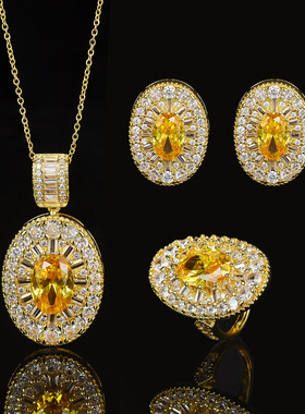 亚马逊新款跨境奢华彩宝套装镶嵌锆石项链浮夸奢华设计感戒指