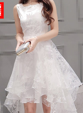 公主裙成人欧根纱礼服夏白色甜美韩版蓬蓬裙燕尾裙前短后长连衣裙