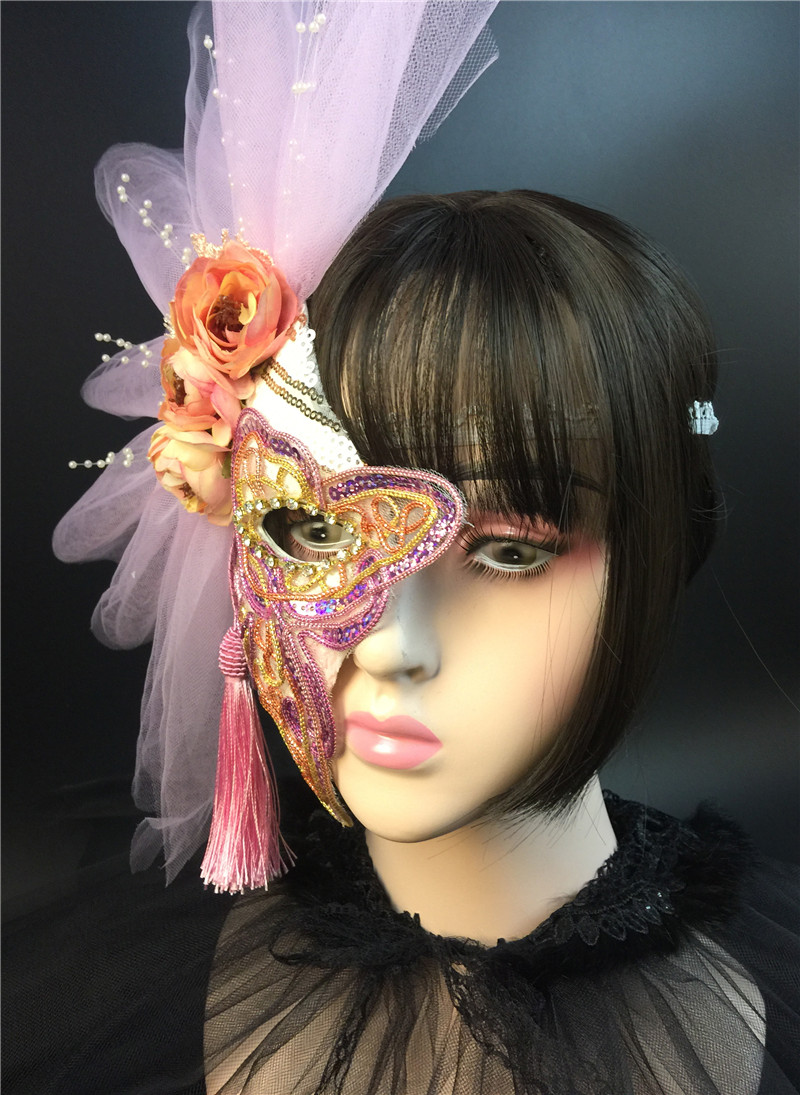 粉红色半边脸假面夸张遮半张脸面具半面妆美女彩妆模特走秀道具