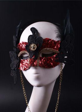 红色直播羽毛半脸美女王宴会派对舞会面具万圣节大人年会假面罩