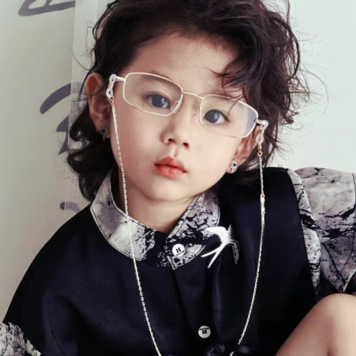 小孩平光镜儿童小方框装饰带链条眼镜男女童舞台配饰