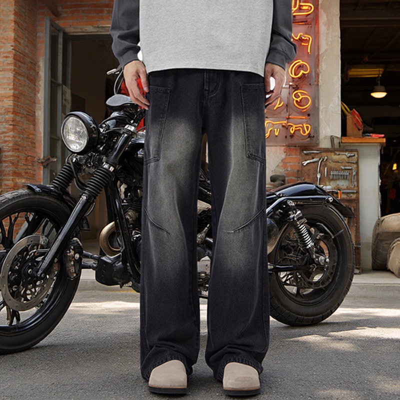 美式复古多口袋工装黑色牛仔裤男